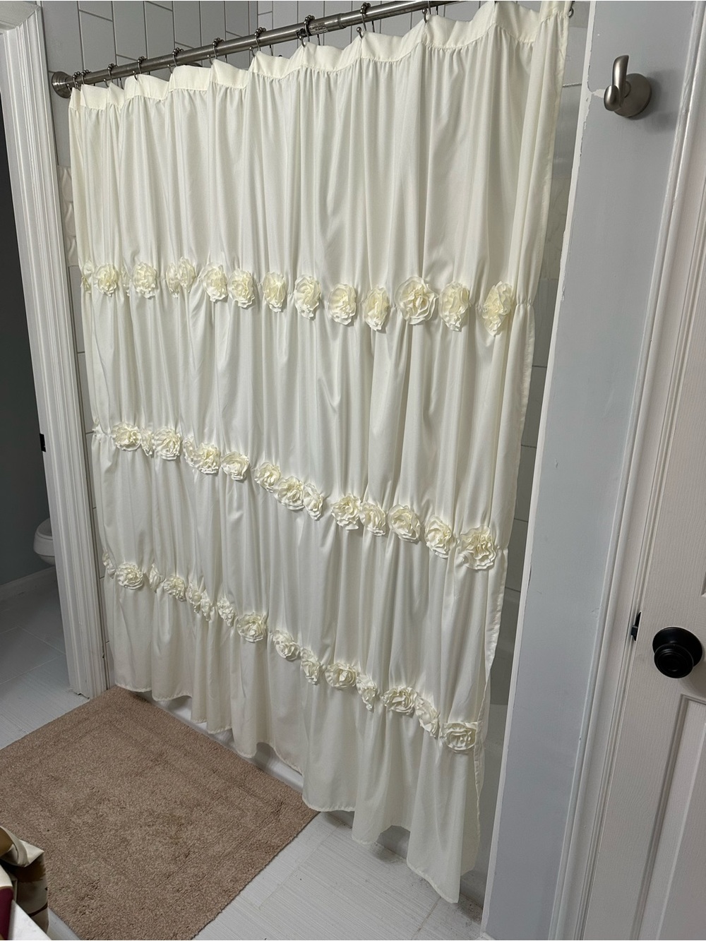 Elegant Cream Floral Ruffle Shower Curtain